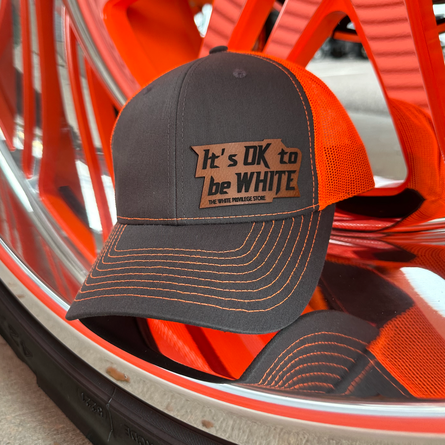 New "It's Ok To Be White" Leather Patch Hat - Trucker Orange
